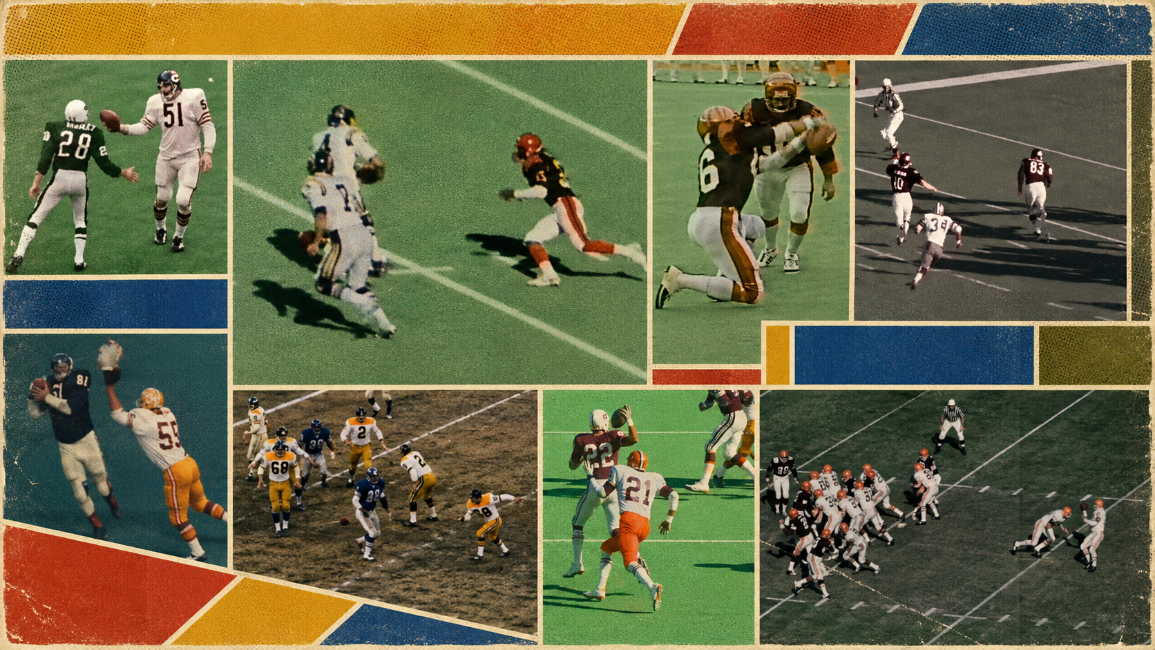 Collage of singleton plays in the NFL between 1950-1993 seasons