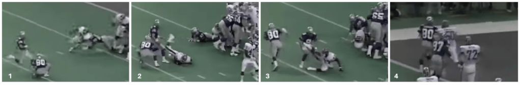 Panel of images leading up to Steve Largent's singleton in 1989 game between Seattle and Buffalo.
