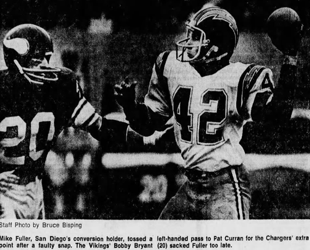 Newspaper print showing photo of Mike Fuller of San Diego Chargers throwing a pass for Singleton in 1975.