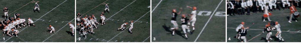 Video still montage of singleton pass from Jim Ninowski to Jim Houston in 1966.