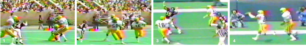 A still frame montage of Green Bay Packers Rich Wingo catching a pass from Ray Stachowicz for singleton in game against Chicago Bears in 1981