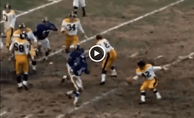 Watch the Pittsburgh Steelers Andy Russell score on a singleton from a pass by Dick Hoak.